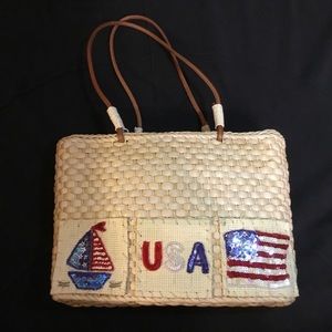 QVC Straw Purse Tote Bag USA Flag Americana